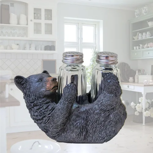 Vista 7 de Juego de saleros y pimenteros rústicos de oso negro en la parte posterior, accesorio decorativo de resina y vidrio para mesa de cocina, decoración