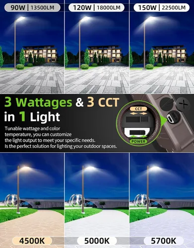 Vista 3 de Luz LED de estacionamiento de 150 W, 120 W, 90 W, ajustable, 4500 K, 5000 K, 5700 K, sintonizable hasta 22500 lm, fotocélula LED, caja de zapatos