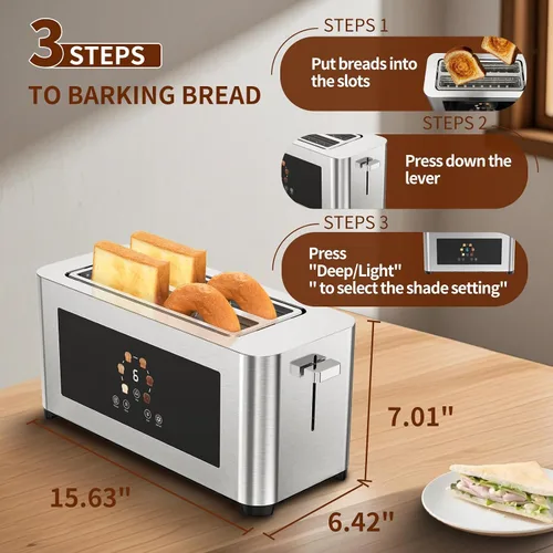 Vista 7 de Tostadora Inteligente con Pantalla Táctil de 4 Rebanadas, Pantalla LCD, Tostadora de Ranura Larga de 1.6", con 6 Configuraciones de Tostado
