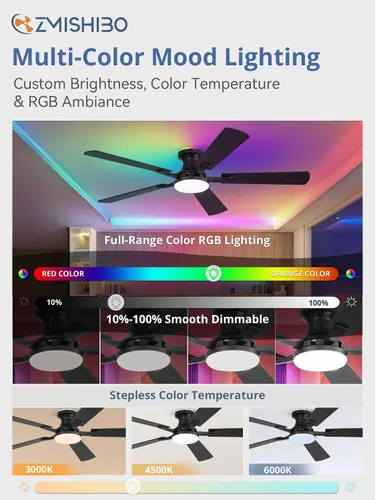 Vista 2 de ZMISHIBO Ventilador de techo inteligente de 52 pulgadas con luz RGB, Alexa/App/Control remoto Negro