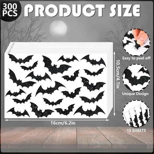Vista 2 de AnyDesign 300 etiquetas adhesivas de murciélago de Halloween, 15 hojas autoadhesivas con patrón de murciélago con purpurina negra para tarjetas