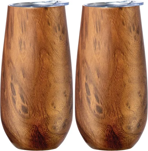 Vista 11 de OGGI Thermo Flute 'Celebrate Collection' - Vaso de copa de champán con aislamiento de acero inoxidable, grano de madera, 6 onzas, con tapa