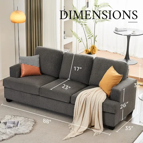 Vista 2 de AMERLIFE Moderno sofá de 3 plazas, sofá extra profundo de 89 pulgadas con cojines de felpa. Tela de felpilla gris ultra cómoda para sala de estar
