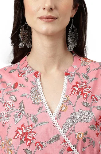 Vista 8 de Janasya Angrakha Kurta de algodón rosa con estampado floral para mujeres indias