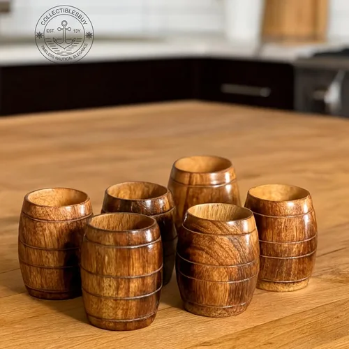 Vista 2 de collectiblesBuy Juego de 6 tazas de madera de mango hechas a mano, con forma de barril rústico, ecológicas, para té, café, cerveza, vino