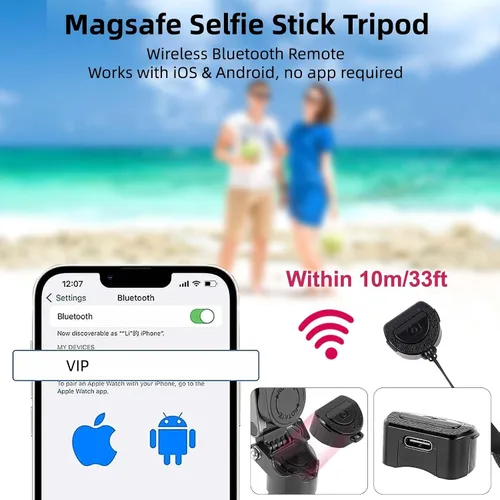 Vista 6 de WOVTE Palo selfie magnético 4 en 1, trípode MagSafe de bolsillo portátil para iPhone con control remoto desmontable, rotación de 360° para iPhone