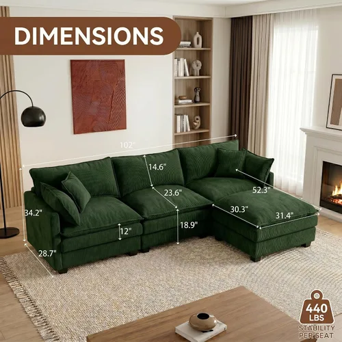 Vista 2 de Sofá modular modular de chenilla Cloud de 102 pulgadas con otomana Verde