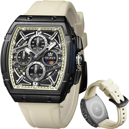 Vista 13 de OLEVS Men Watches Business Dress Chronograph Big Square Quartz Analog Male Watch Silicone Strap Waterproof Date Gift Mens Wrsit Watch Silver
