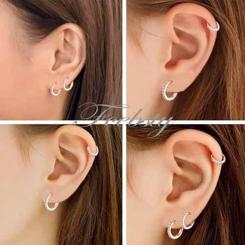 Vista 4 de 3 pares de aretes de aro pequeños de plata de ley con circonita cúbica Aretes de aro pequeños para cartílago para mujer