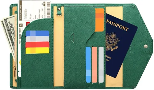 Vista 90 de Zoppen - Billetera de viaje con bloqueo RFID multiusos (Ver.4) Portatarjetas de pasaporte y vacunas, organizador de documentos de tres pliegues