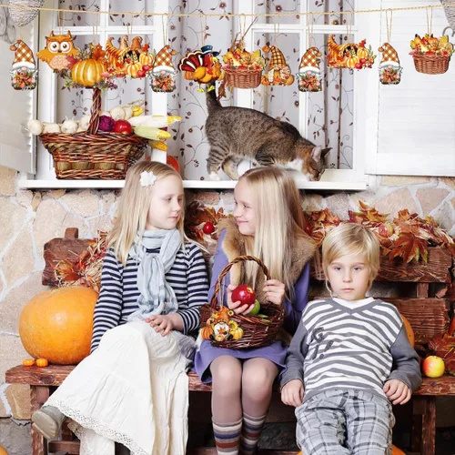 Vista 7 de 12 piezas de adornos colgantes de otoño, hoja de arce, calabaza, decoraciones de árbol, piña, fruta, diseño de Acción de Gracias, adorno lindo