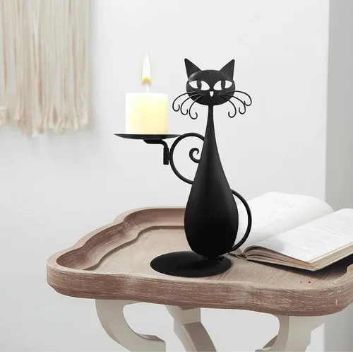 Vista 7 de Portavelas de gato negro para velas de pilar sin llama, velas LED retro rústicas estilo granja para el hogar, decoración de gato de metal