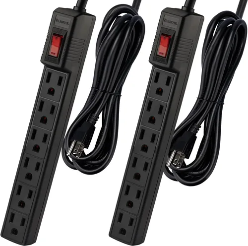 Vista 10 de PLUGTUL Paquete de 2 protectores de sobretensiones con 6 tomas de corriente y cable de extensión de 2 pies, 1875 W/15 A, 90 julios, protección Negro