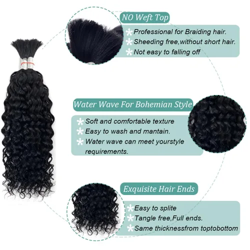 Vista 2 de Cabello humano trenzado para trenzas bohemias, cabello humano trenzado, sin trama, húmedo y ondulado, extensiones de cabello humano trenzado