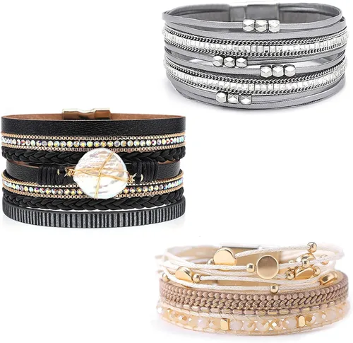 Vista 8 de Wowanoo - Juego de 3 pulseras de cuero de varias capas con cierre magnético para mujer, con cristales, ramas de árbol pulseras para mujer.
