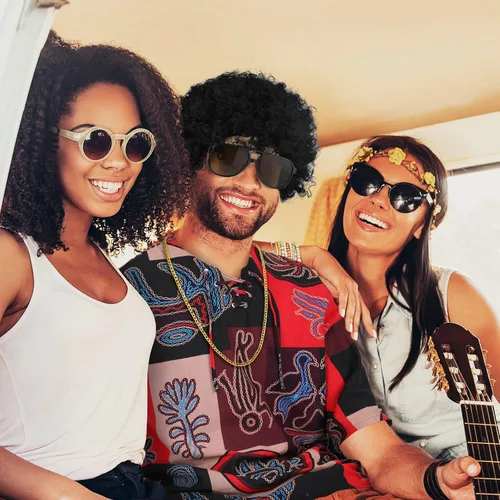 Vista 7 de Conjunto de 4 piezas de disfraz hippie para hombre, camisa étnica, peluca afro funk, collar dorado para hombre, lentes de sol para fiesta de cosplay