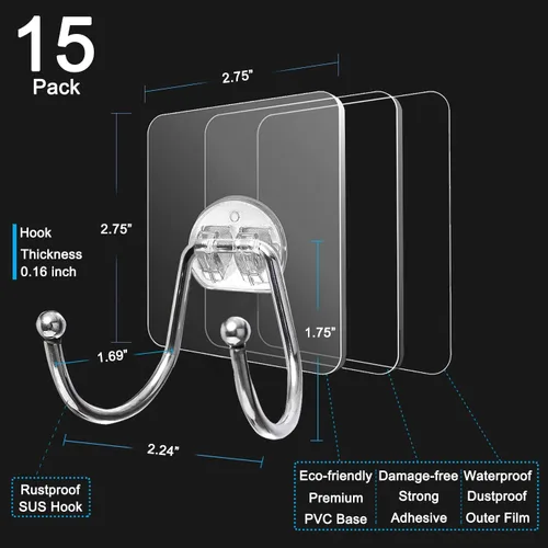 Vista 6 de Paquete de 15 ganchos grandes de pared adhesivos dobles, sin daños, impermeables, de 33 libras máximo, resistentes, para colgar, transparentes, sin