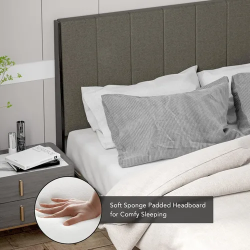 Vista 4 de Giantex Base de cama tapizada, soporte de listones de madera, base de colchón Queen con cabecera copetuda, cama de plataforma con patas de madera