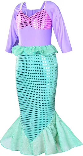 Vista 4 de Disfraz de sirena de princesa para niñas, fiesta de disfraces con peluca, corona, verde maza