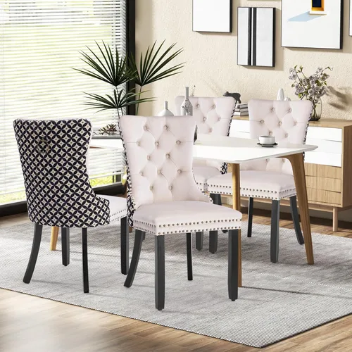 Vista 52 de Juego de 2 sillas de comedor de terciopelo con patas de madera, color beige Mid Century Modern Dining Chairs,Upholstered Chairs with Nailhead