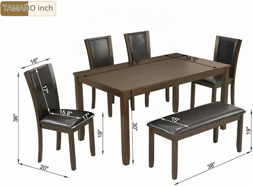 Vista 2 de Juego de mesa de comedor para 6, juego de mesa de comedor de 6 piezas estilo granja con mesa rectangular, 4 sillas tapizadas con respaldo y banco