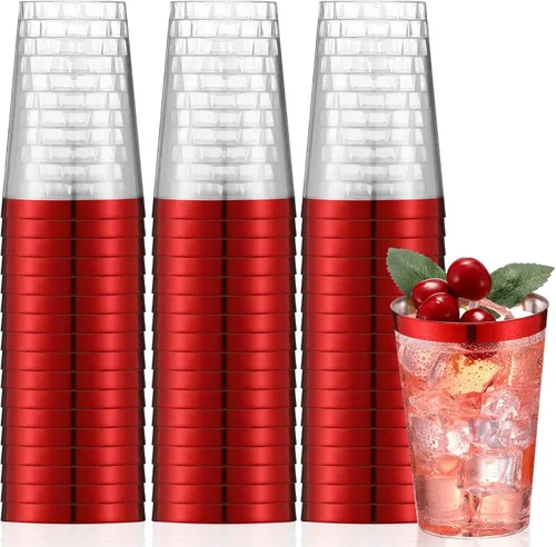 Vista 8 de Norme 50 vasos de plástico de 12 onzas desechables para fiesta con borde, vasos transparentes de plástico para vino, café, cumpleaños, boda, Negro