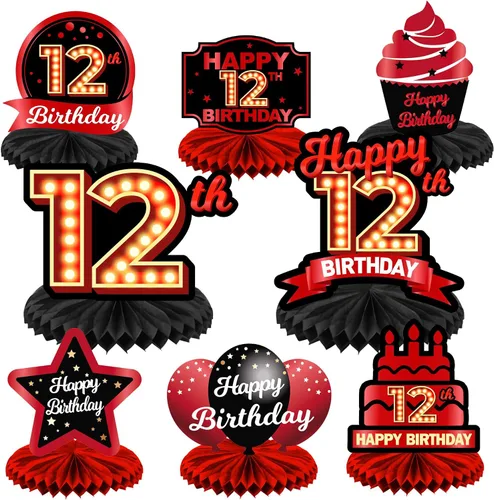 Vista 33 de Feliz 45 cumpleaños rojo y negro centros de mesa de panal de abeja decoraciones de globos decoración de mesa centros de mesa para niñas mujeres