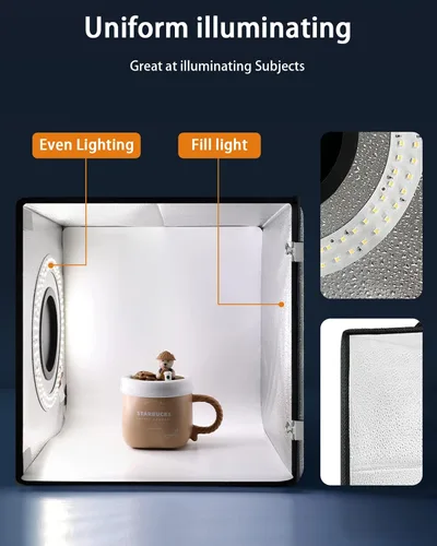 Vista 3 de DUCLUS Fotografía de caja de luz, caja de cabina de fotos de 12 x 12 pulgadas con 120 luces LED regulables y CRI>95, caja de luz portátil con 8
