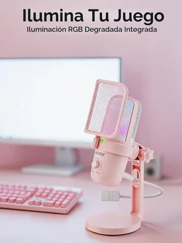 Vista 5 de Micrófono de condensador RGB de doble patrón para PC/PS5 Rosa salmón