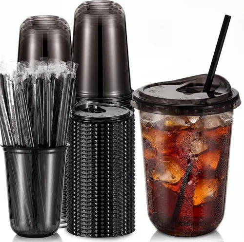 Vista 15 de Ziliny Paquete de 25 vasos de plástico transparente de 12 onzas con tapas para sorbos y pajitas, tazas desechables para café helado de cristal