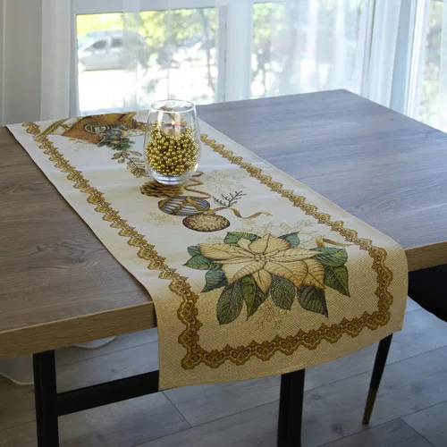 Vista 9 de Camino de mesa de Navidad de flor de pascua, tapiz de tela de lúrex dorado, rectangular, patrón antiguo, decoración de mesa (18 x 55 pulgadas)