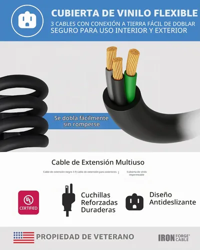 Vista 7 de Iron Forge Cable Cable de extensión negro resistente calibre 16, 3 pies