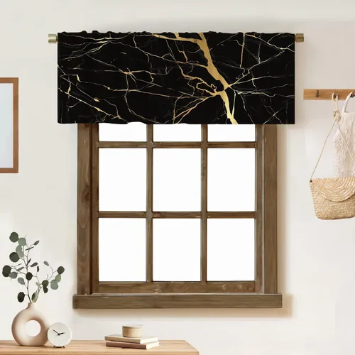 Vista 45 de Cortina de cenefa de mármol verde con venas doradas de mármol negro, diseño abstracto de lujo, elegante cenefa con bolsillo para barra, 1 panel
