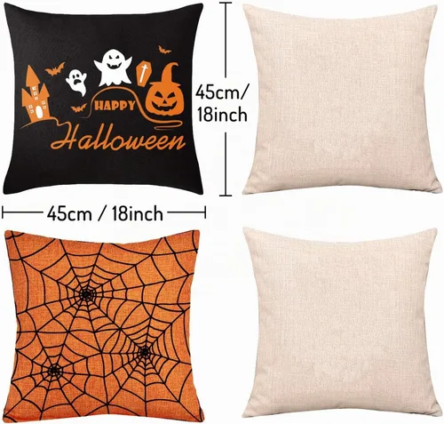 Vista 2 de Whaline 4 fundas de almohada de Halloween, funda de almohada naranja y negra, funda de cojín de lino para sofá cama (18 x 18 pulgadas)