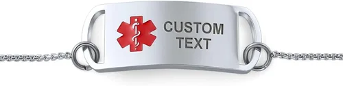 Vista 2 de Pulsera personalizable con estilo de nombre y alerta médica, con cadena de eslabones para mujeres, adolescentes, acero inoxidable en tono plateado