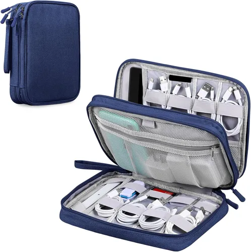 Vista 11 de Organizador de viaje electrónico para cables, cables, cargadores, Tech Essentials, doble capa (azul aguamarina, PU-L)