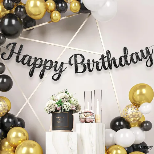 Vista 8 de KatchOn Cartel de feliz cumpleaños cursivo negro con purpurina, pre-encordado, 10 pies, cartel de feliz cumpleaños para mujeres, hombres, niños