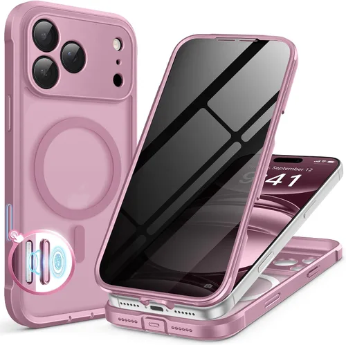 Vista 45 de BERFY Funda para iPhone 17 Pro Max, compatible con MagSafe, protector de pantalla de vidrio integrado, protección de cámara, funda de cuerpo