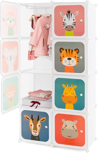 Vista 11 de HONEY JOY Armario para niños, organizador de almacenamiento de ropa de dibujos animados para bebés, 8 cubos y 2 secciones para colgar, armario Azul