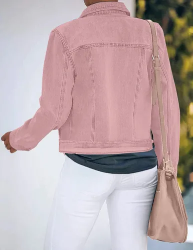 Vista 7 de luvamia Chaqueta de mezclilla básica con botones elástica ajustada de manga larga para mujer