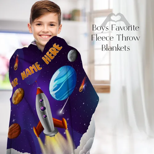 Vista 3 de Manta personalizada con diseño de cohete para niños, bonita manta con nombre personalizada para niños y niñas, divertido espacio exterior, galaxia