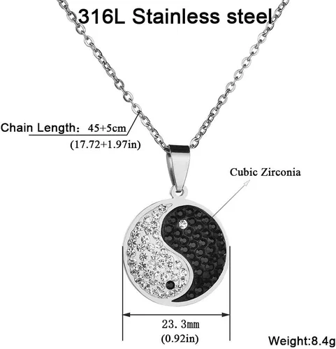 Vista 4 de Yin Yang collar quirúrgico de acero inoxidable chino Taiji Bagua joyería con diamante ocho diagramas, Metal, Circonia cúbica