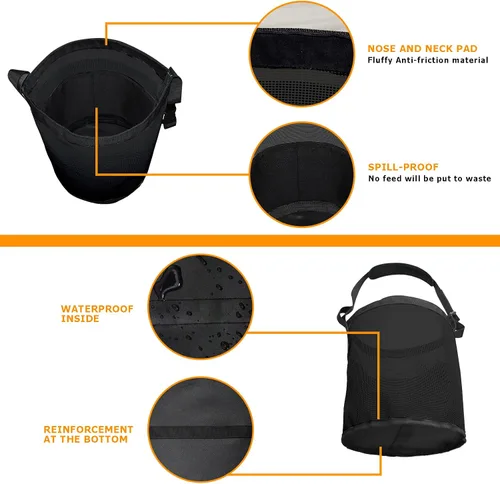 Vista 5 de Bolsa de alimentación para caballos, cubo de alimentación de caballos de grano de malla de nailon (negro 2P) con correa ajustable, almohadilla