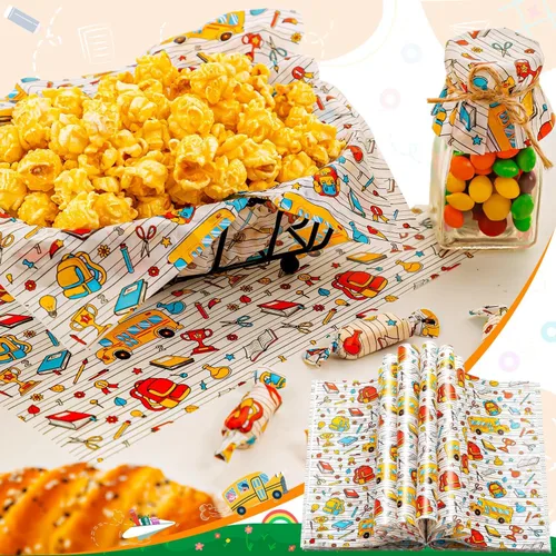 Vista 6 de 100 piezas de hojas de papel encerado de regreso a la escuela para alimentos, papel encerado para envoltorios de sándwiches de comida, envoltorios