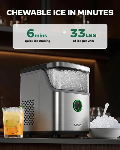 Vista 5 de Silonn Encimera para hacer hielo Nugget con cesta desmontable y asa Acero inoxidable desmontable