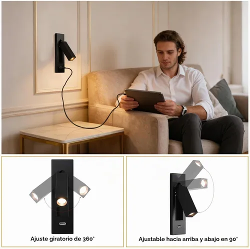 Vista 2 de Luz de lectura montada en la pared con USB, luz LED de lectura de cabecera con interruptor, luces de lectura empotradas ajustables para cabecero