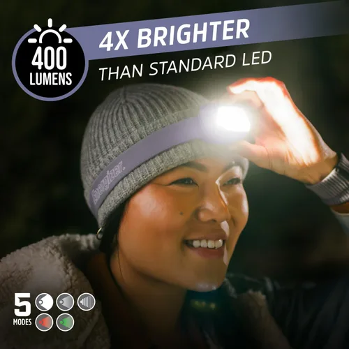 Vista 2 de Linterna frontal LED Energizer HDL30 púrpura multicolor, 400 lúmenes, resistente al agua IPX4, linterna ajustable con modo LED rojo y verde
