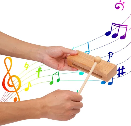 Vista 4 de Juego de 2 bloques de ritmo de madera maciza con mazo, instrumento de percusión musical duradero, apto para bloques de madera musical para adultos