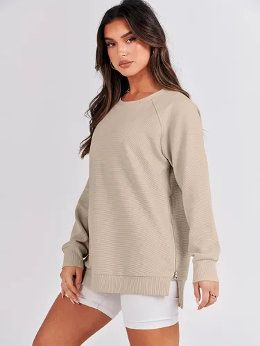Vista 8 de ANRABESS Sudaderas de manga larga para mujer, cuello redondo, suave, con cremallera lateral, ropa 2023