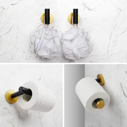 Vista 3 de Juego de accesorios de baño de 3 piezas, color negro y dorado, para montar en la pared, incluye soporte para papel higiénico, 2 ganchos para toallas